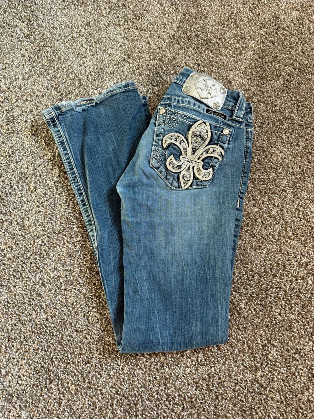 Miss Me Blue Boot Cut Jeans with Fleur Pocket Embellishment